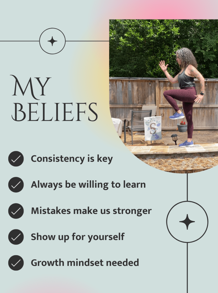 My beliefs with a picture of me marching. 1. Consistency is Key 2. Always being willing to learn 3. Mistakes make us stronger 4. Show up for yourself 5. Growth mindset needed