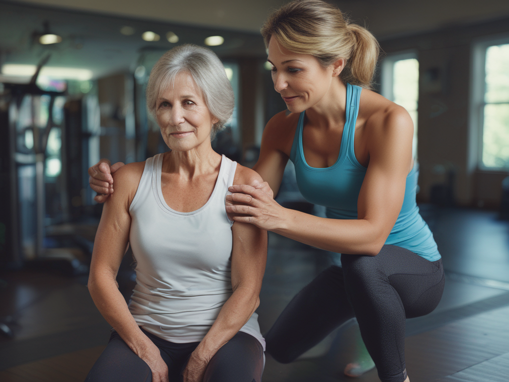 Woman personal trainer training elderly client.