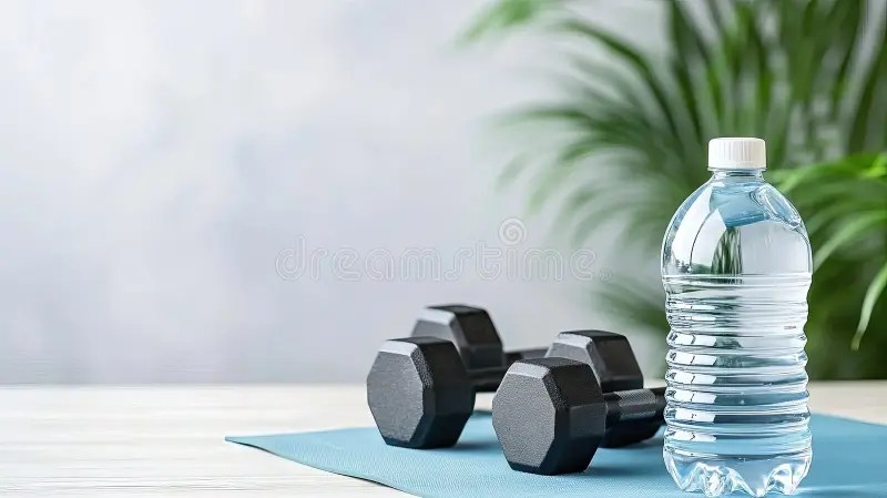 “Dumbbells, water bottle, and yoga mat in a softly lit home workout space.”