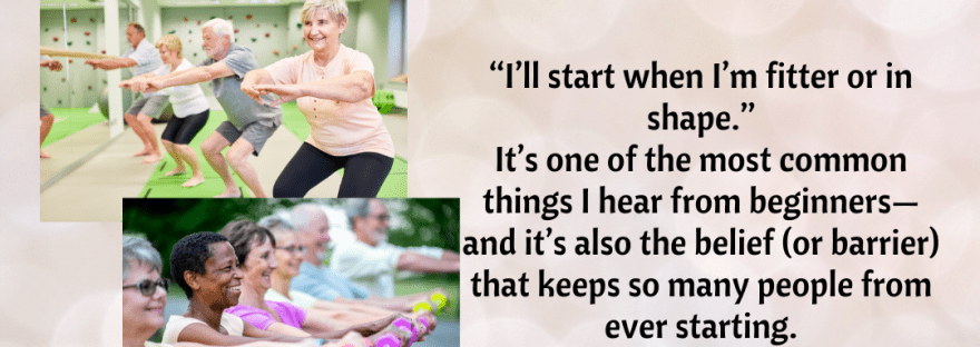 Blog post image showing various people exercising with the title "stop thinking you need to be "in shape" to start strength training.