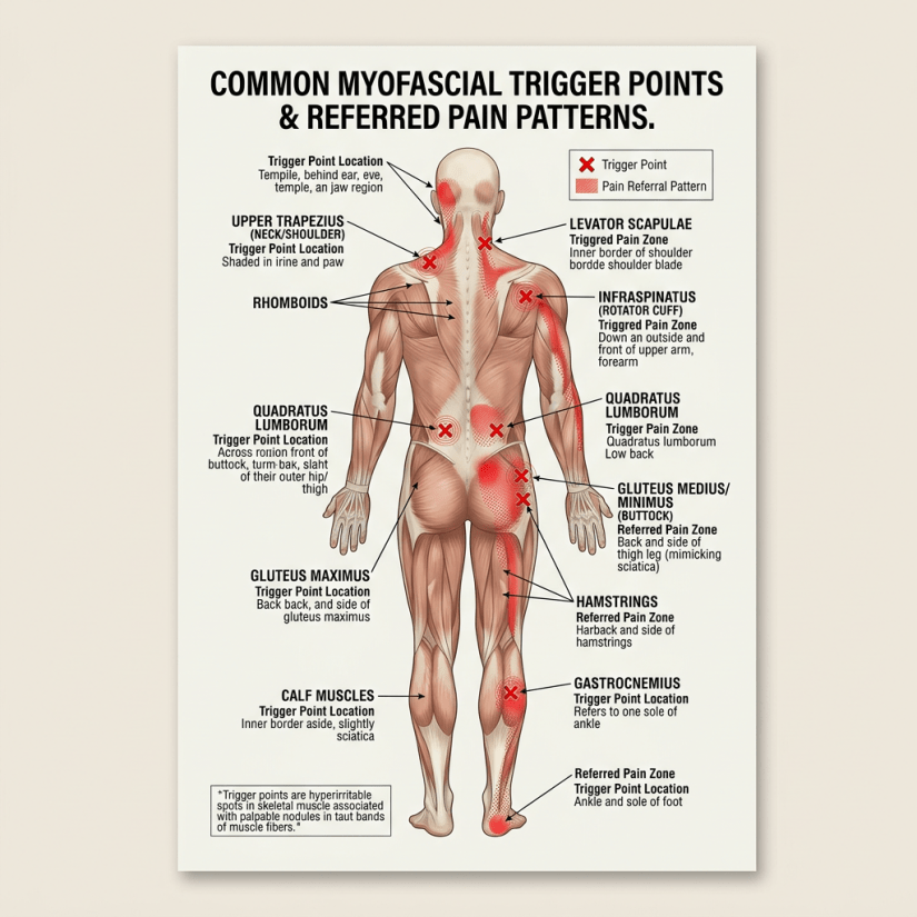 Diagram showing common myofascial trigger points and their referred pain patterns on the back of a human figure
