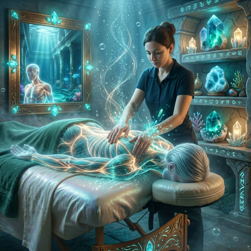 Person receiving a back massage on a spa table with candles and salt lamps